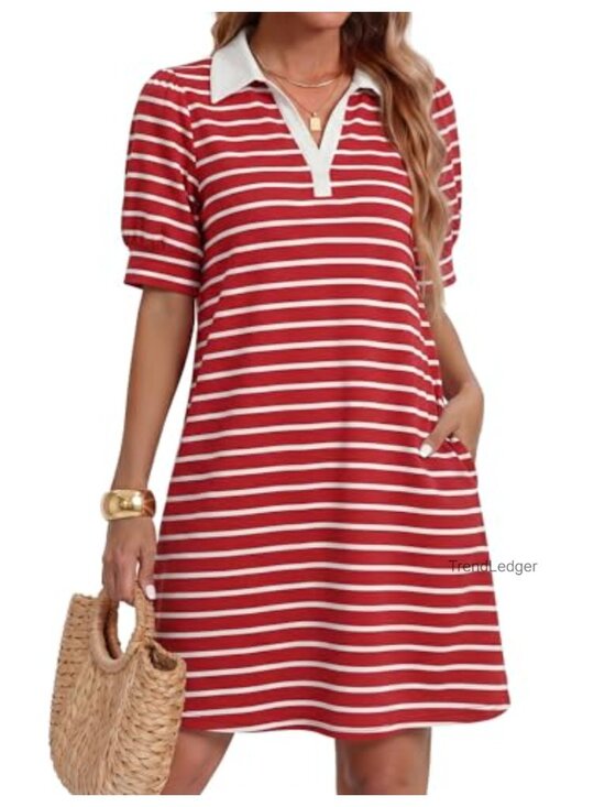 Dresses & Skirts - Ribbed Knit Striped V-Neck Mini Dress Puff Short Sleeve A-Line Casual
